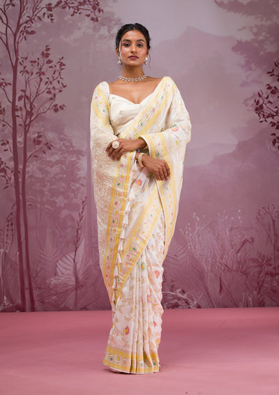 White Printed Soft Silk Saree-Koskii