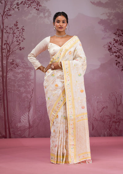 White Printed Soft Silk Saree-Koskii