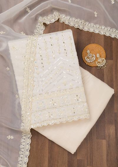 White Sequins Georgette Unstitched Salwar Suit-Koskii