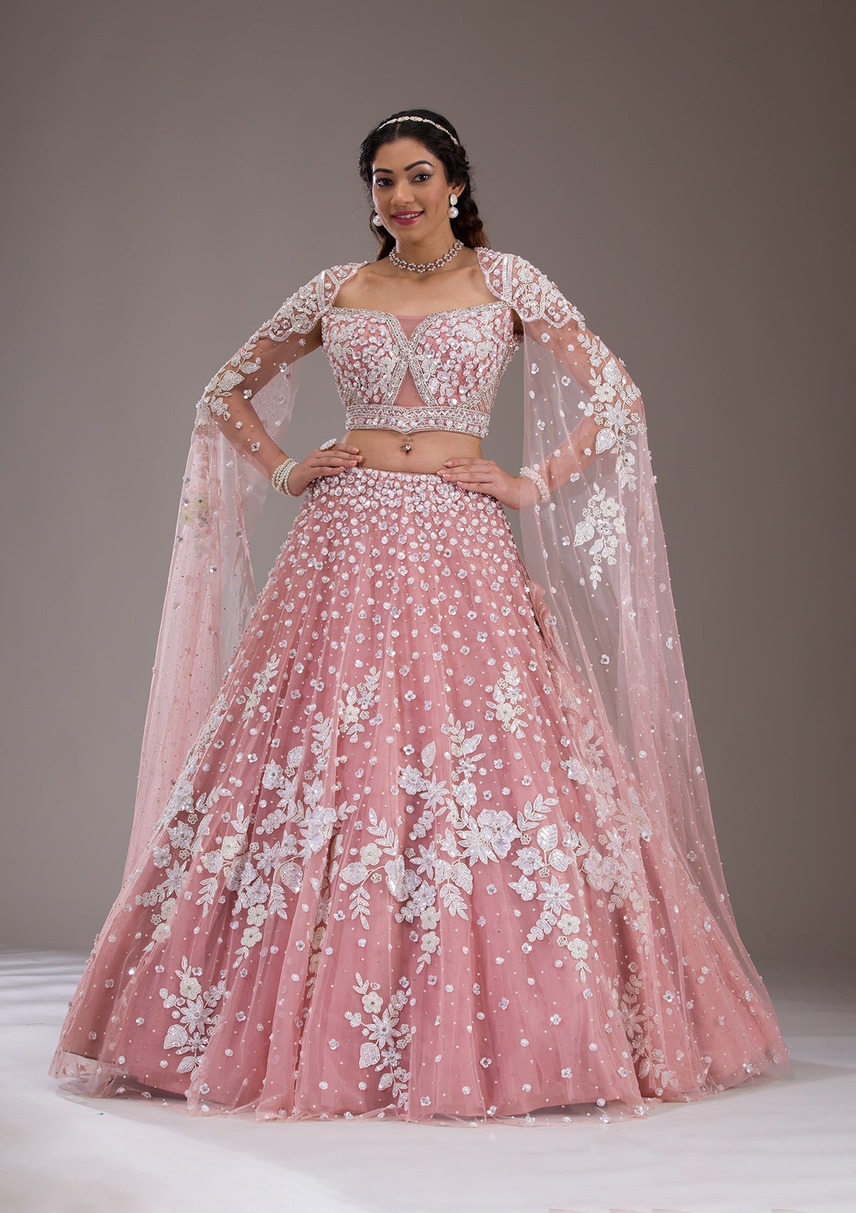 White Sequins Net Readymade Lehenga-Koskii