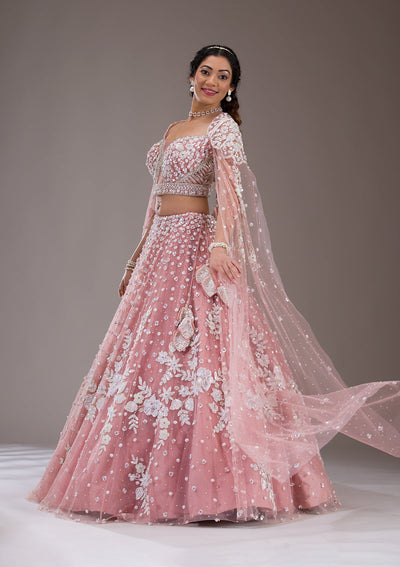 White Sequins Net Readymade Lehenga-Koskii