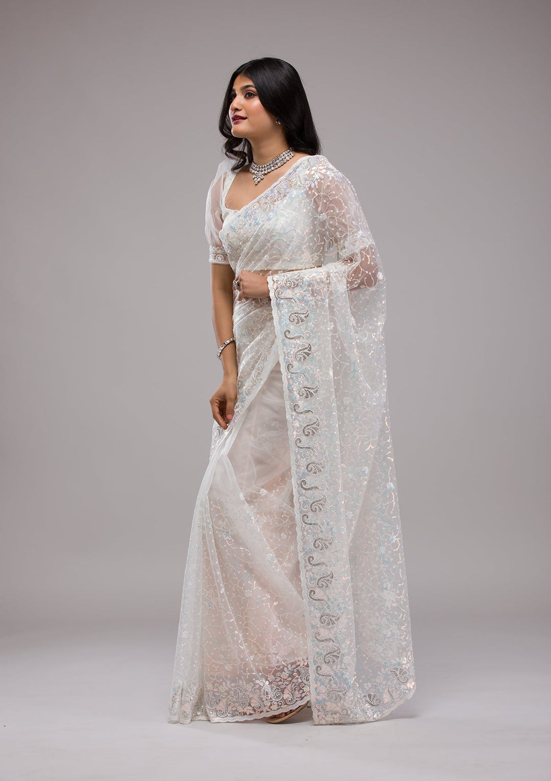 White Sequins Net Saree-Koskii