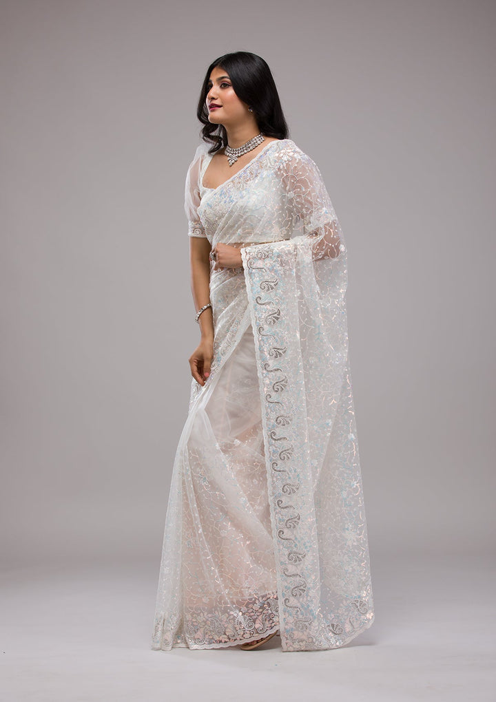 White Sequins Net Saree-Koskii