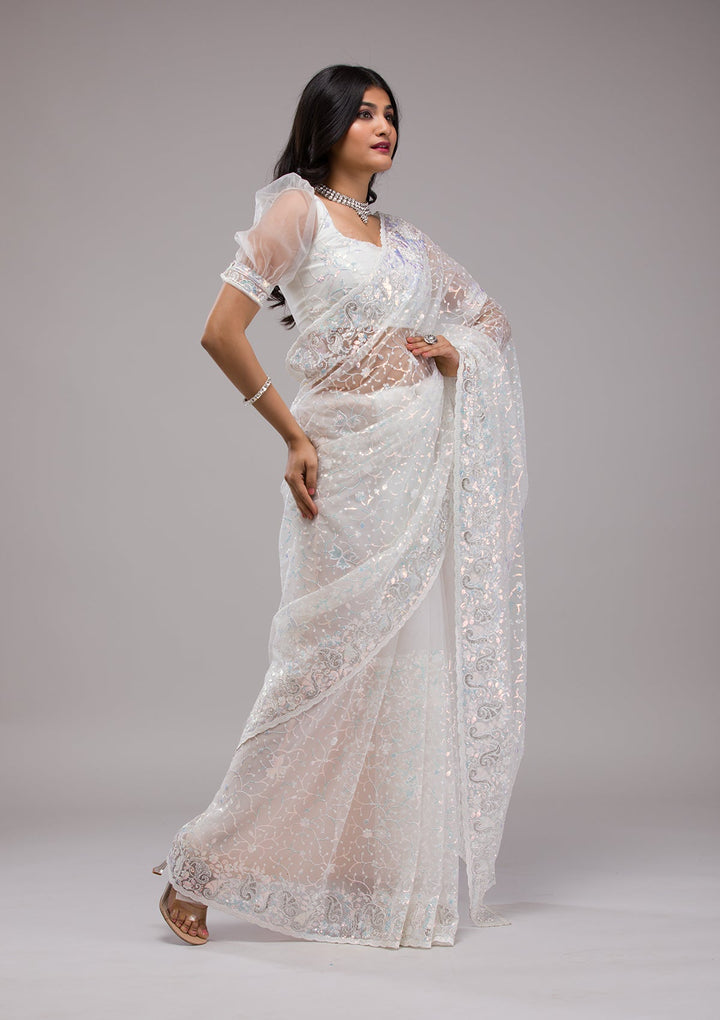 White Sequins Net Saree-Koskii