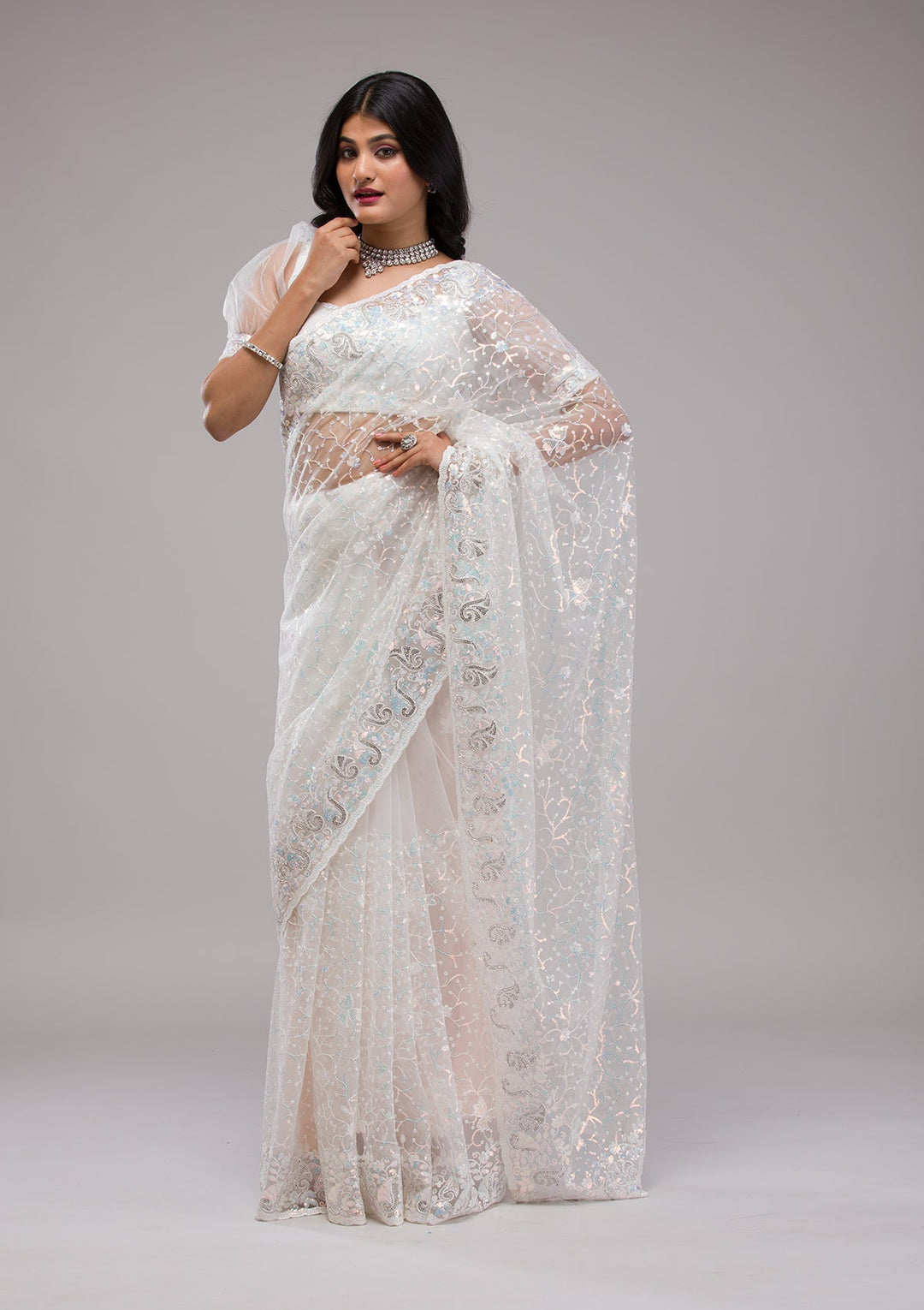 White Sequins Net Saree-Koskii