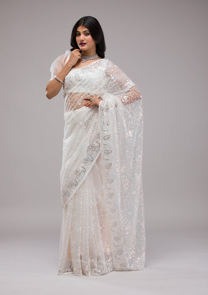 White Sequins Net Saree-Koskii