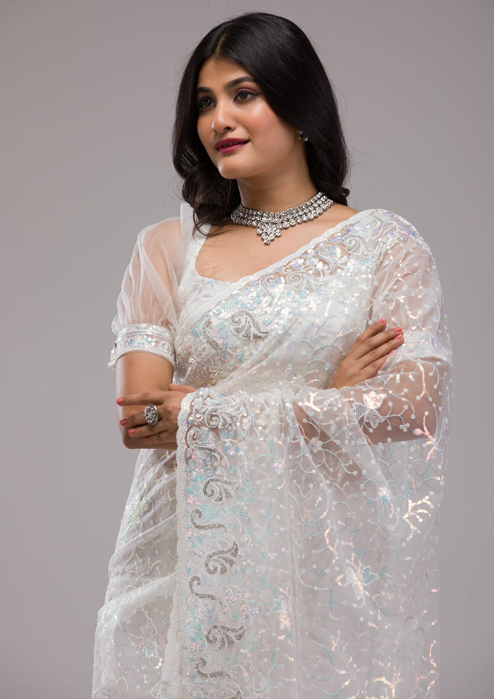 White Sequins Net Saree-Koskii