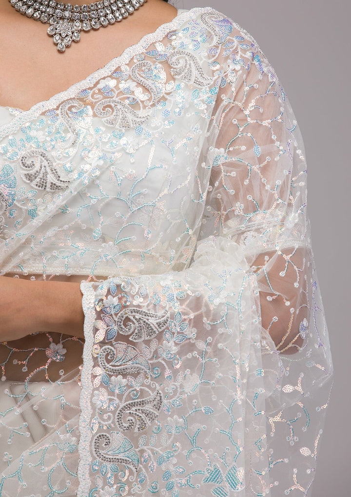 White Sequins Net Saree-Koskii