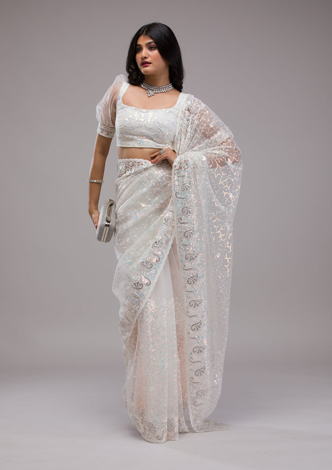 White Sequins Net Saree-Koskii