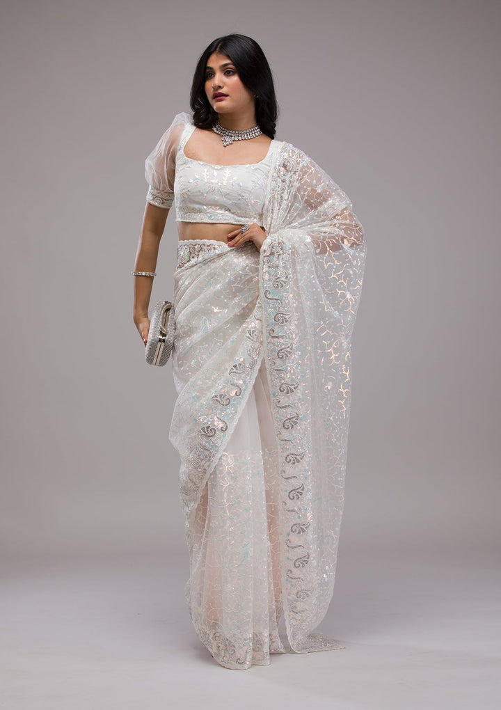 White Sequins Net Saree-Koskii