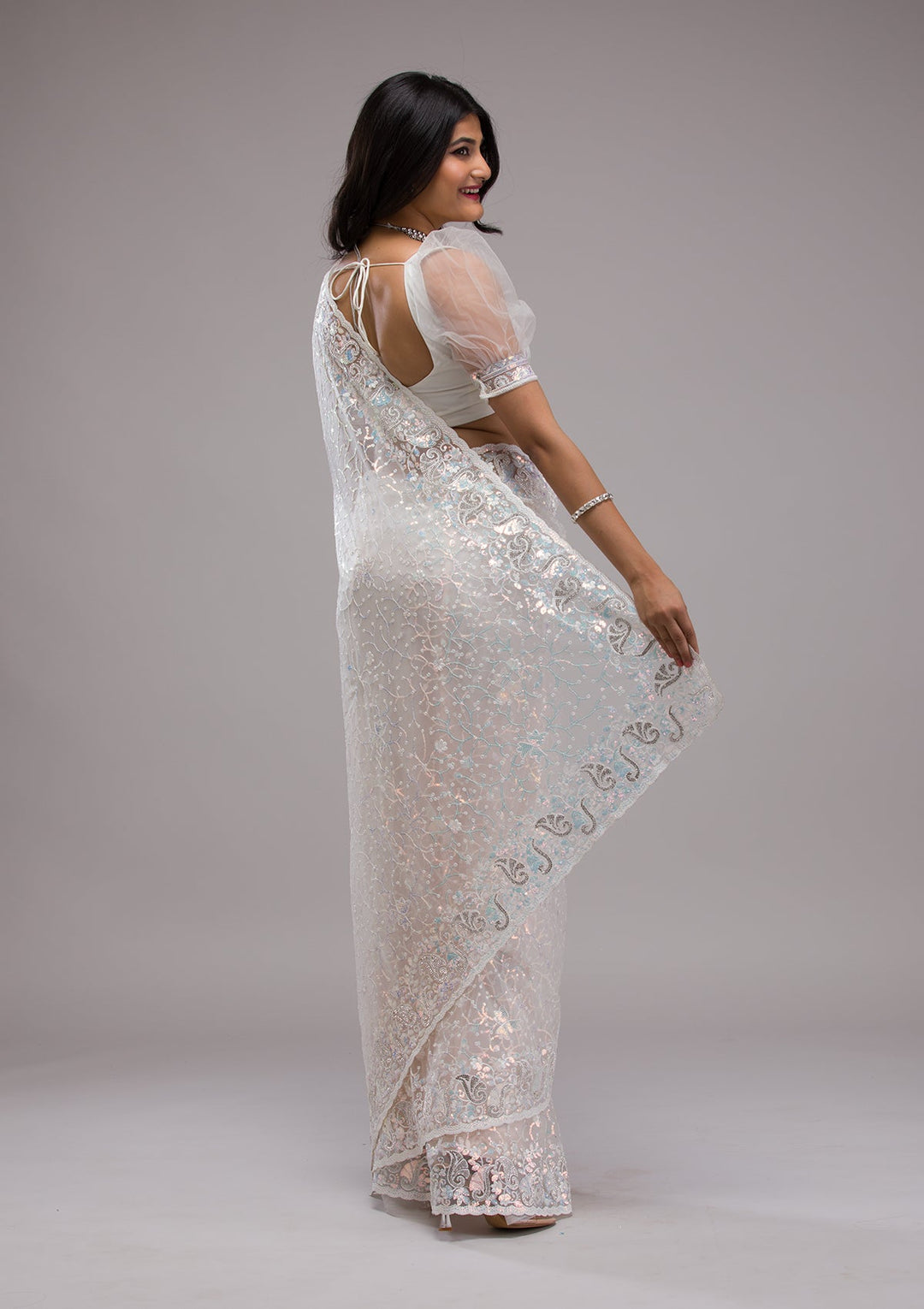 White Sequins Net Saree-Koskii