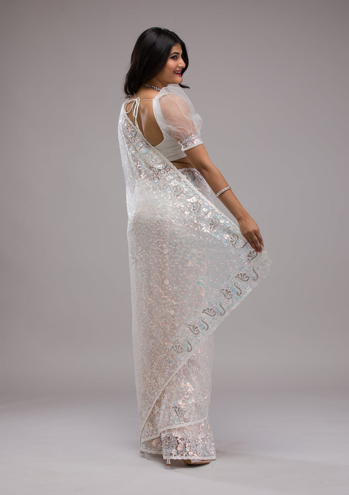 White Sequins Net Saree-Koskii
