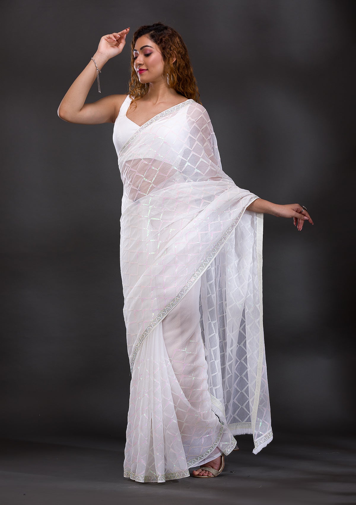 White Sequins Shimmer Georgette Saree-Koskii