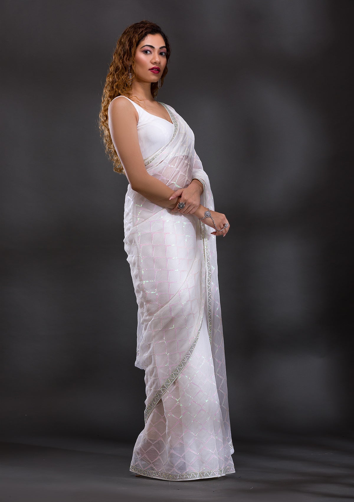 White Sequins Shimmer Georgette Saree-Koskii