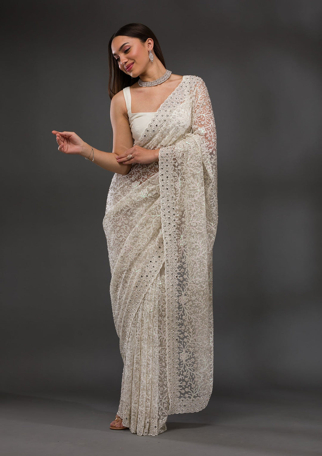 White Stonework Net Saree-Koskii