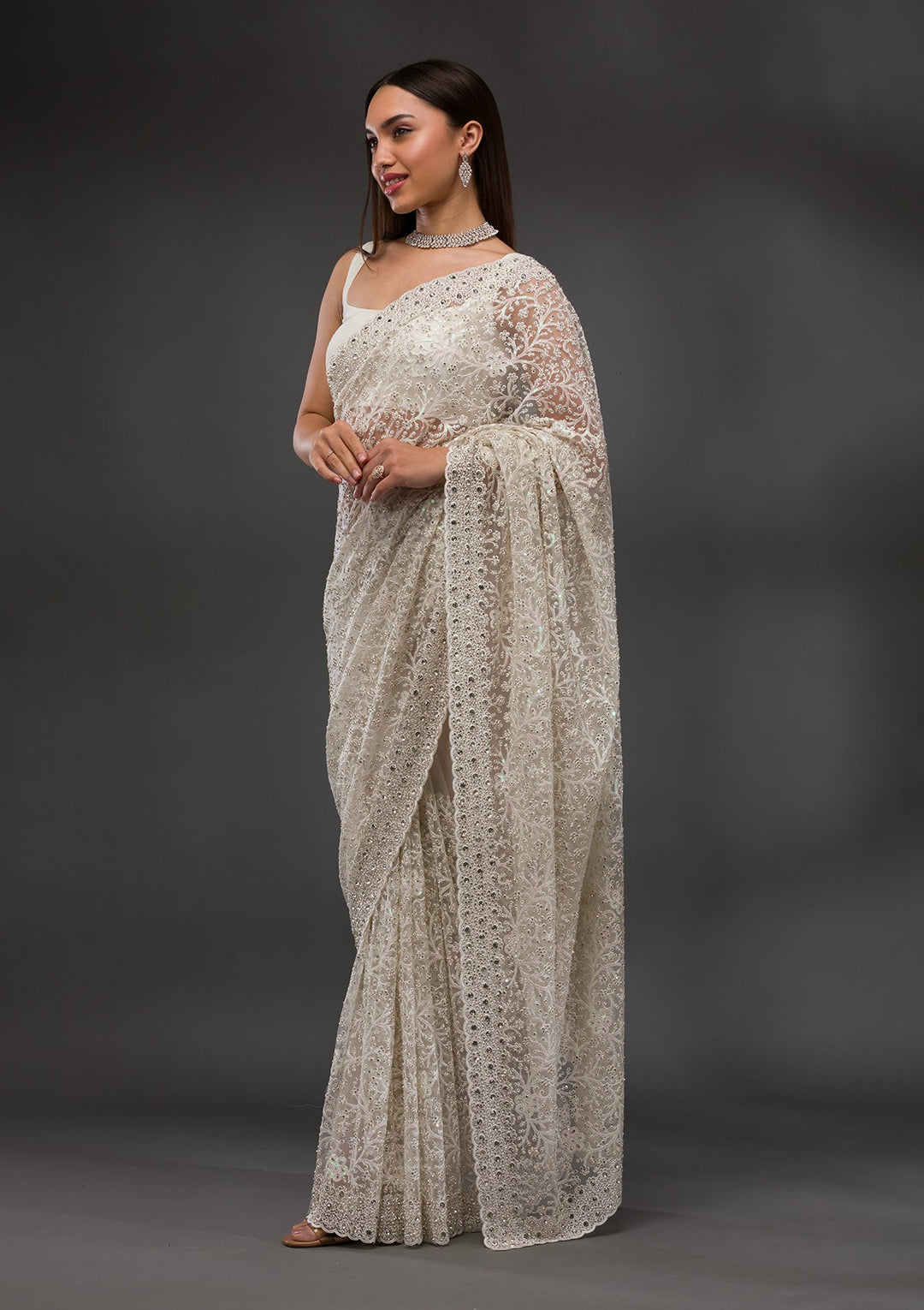White Stonework Net Saree-Koskii