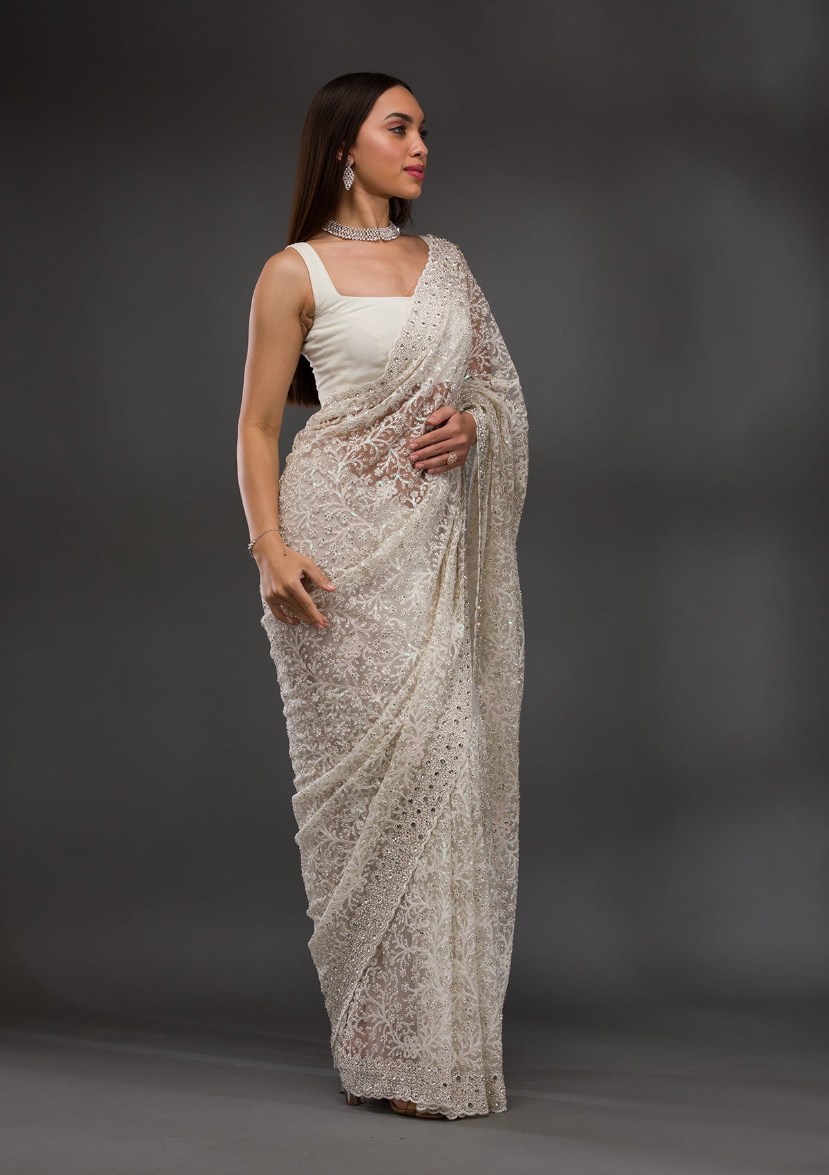 White Stonework Net Saree-Koskii