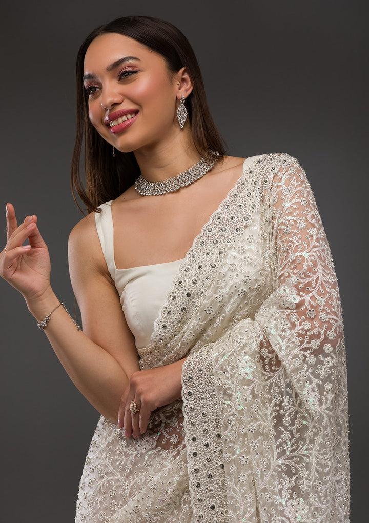 White Stonework Net Saree-Koskii