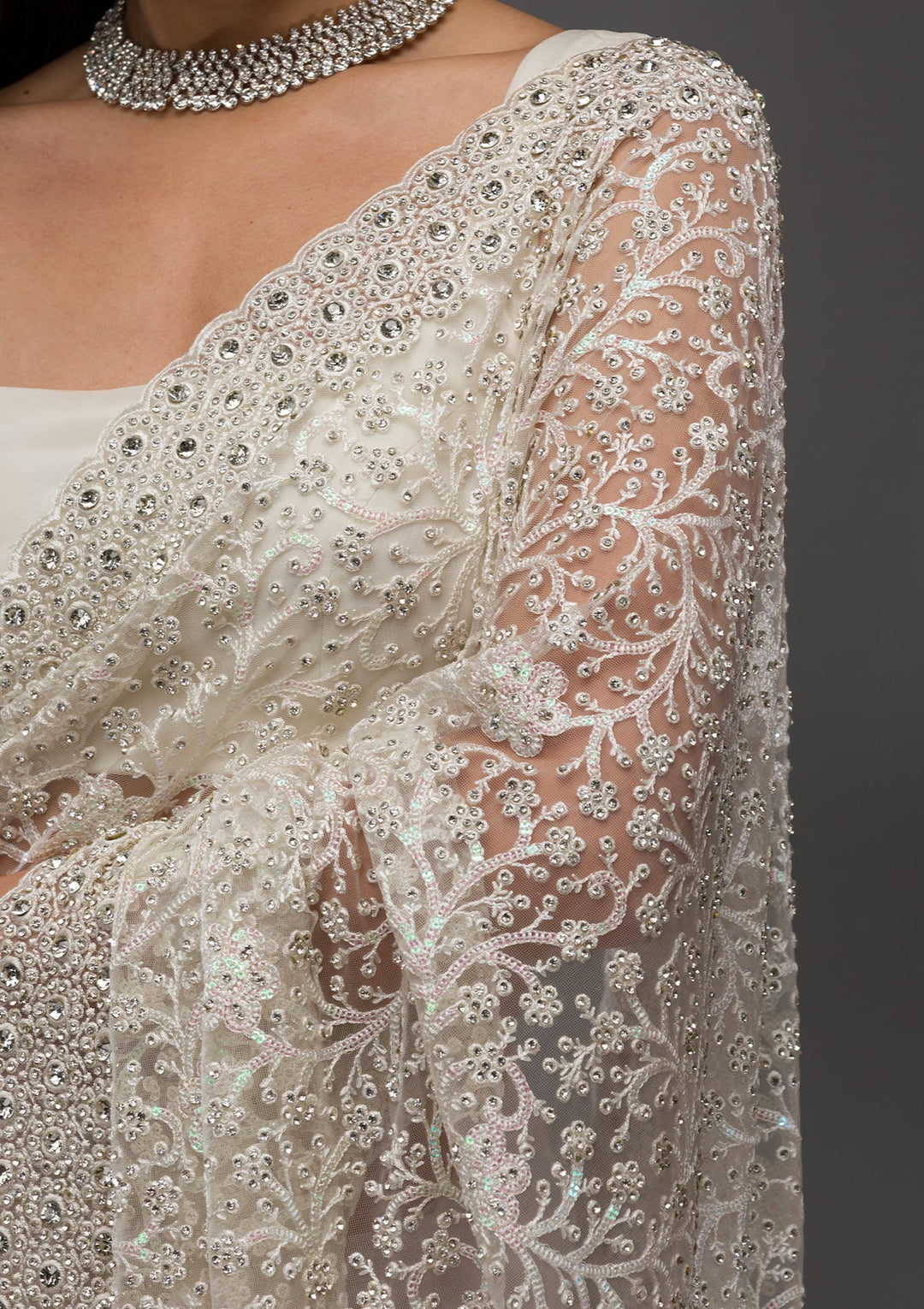 White Stonework Net Saree-Koskii