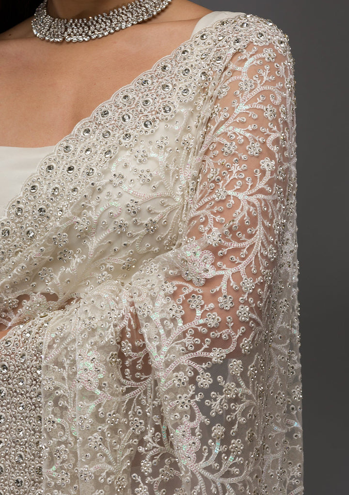 White Stonework Net Saree-Koskii