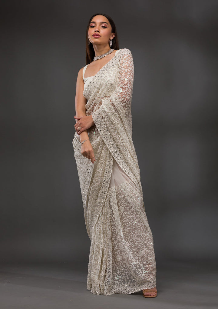 White Stonework Net Saree-Koskii