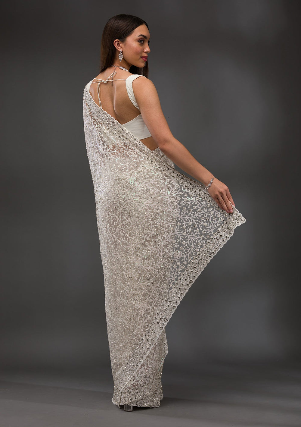 White Stonework Net Saree-Koskii