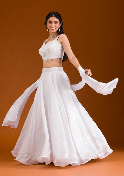 White Stonework Satin Readymade Lehenga-Koskii