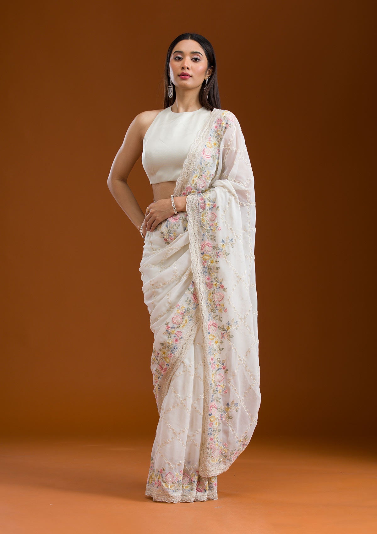 White Stonework Tissue Saree-Koskii