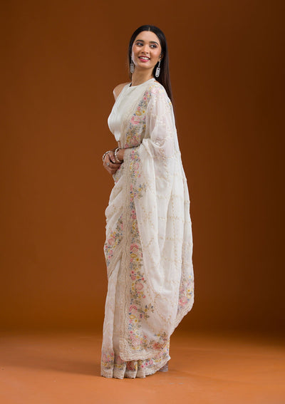 White Stonework Tissue Saree-Koskii