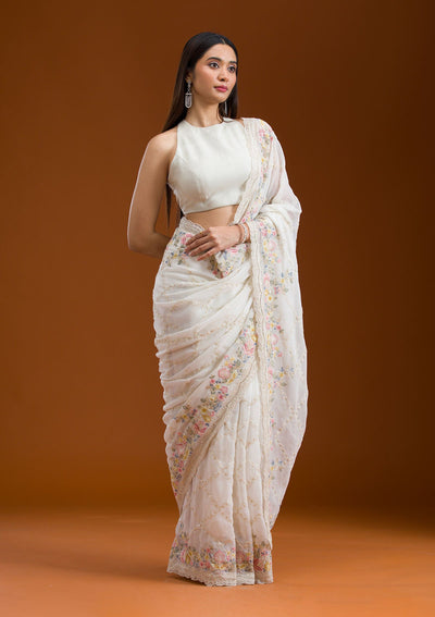 White Stonework Tissue Saree-Koskii