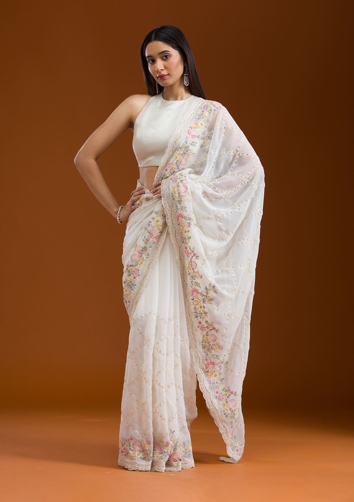 White Stonework Tissue Saree-Koskii