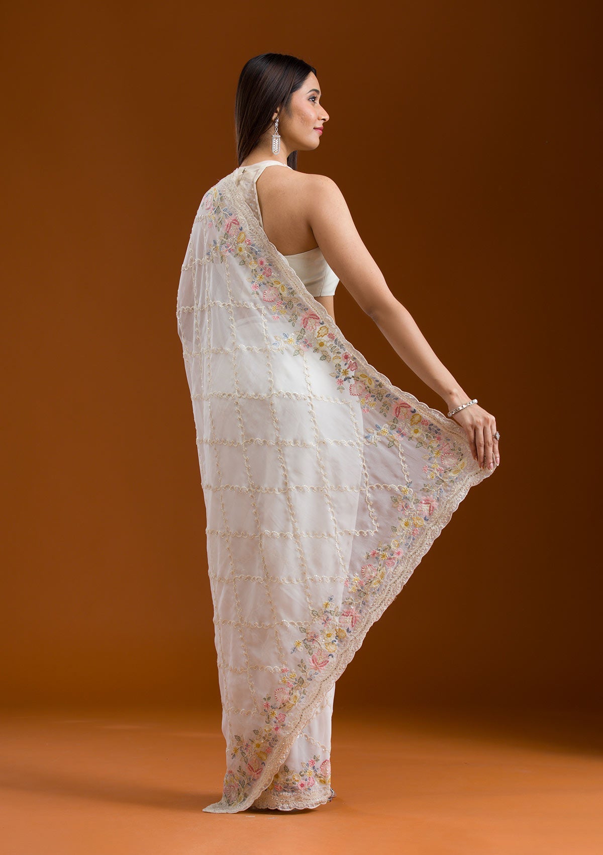 White Stonework Tissue Saree-Koskii