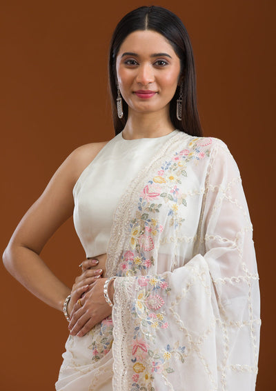 White Stonework Tissue Saree-Koskii