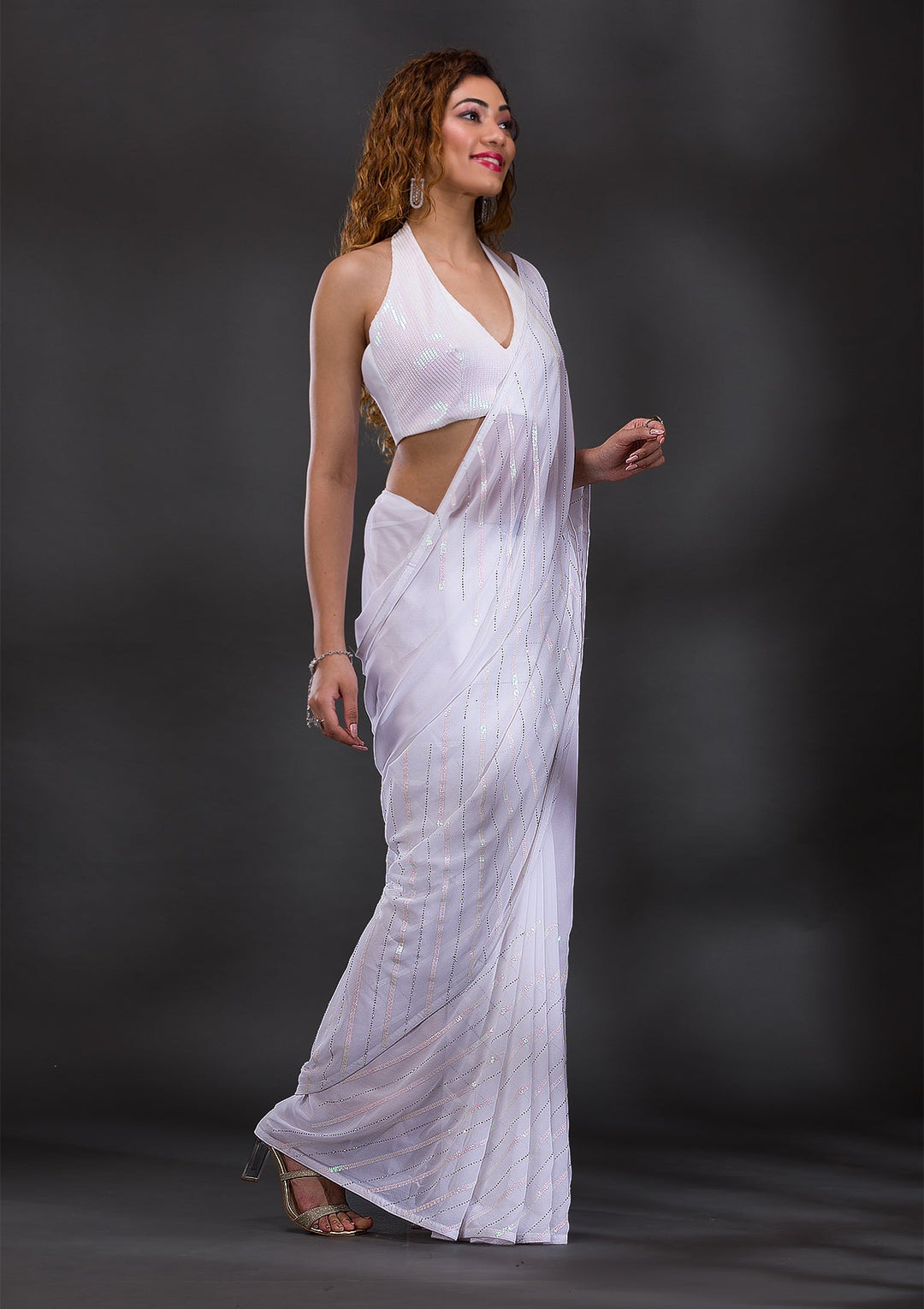White Swarovski Georgette Saree-Koskii