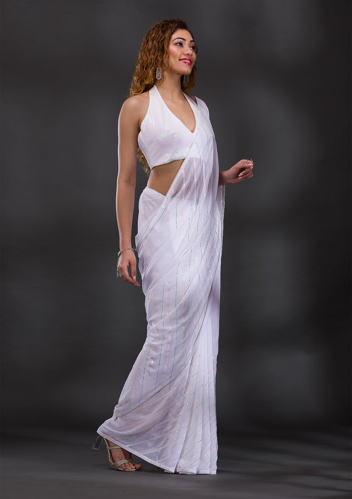 White Swarovski Georgette Saree-Koskii