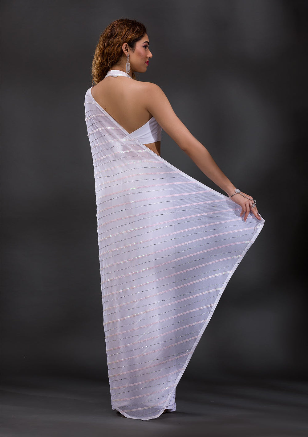 White Swarovski Georgette Saree-Koskii