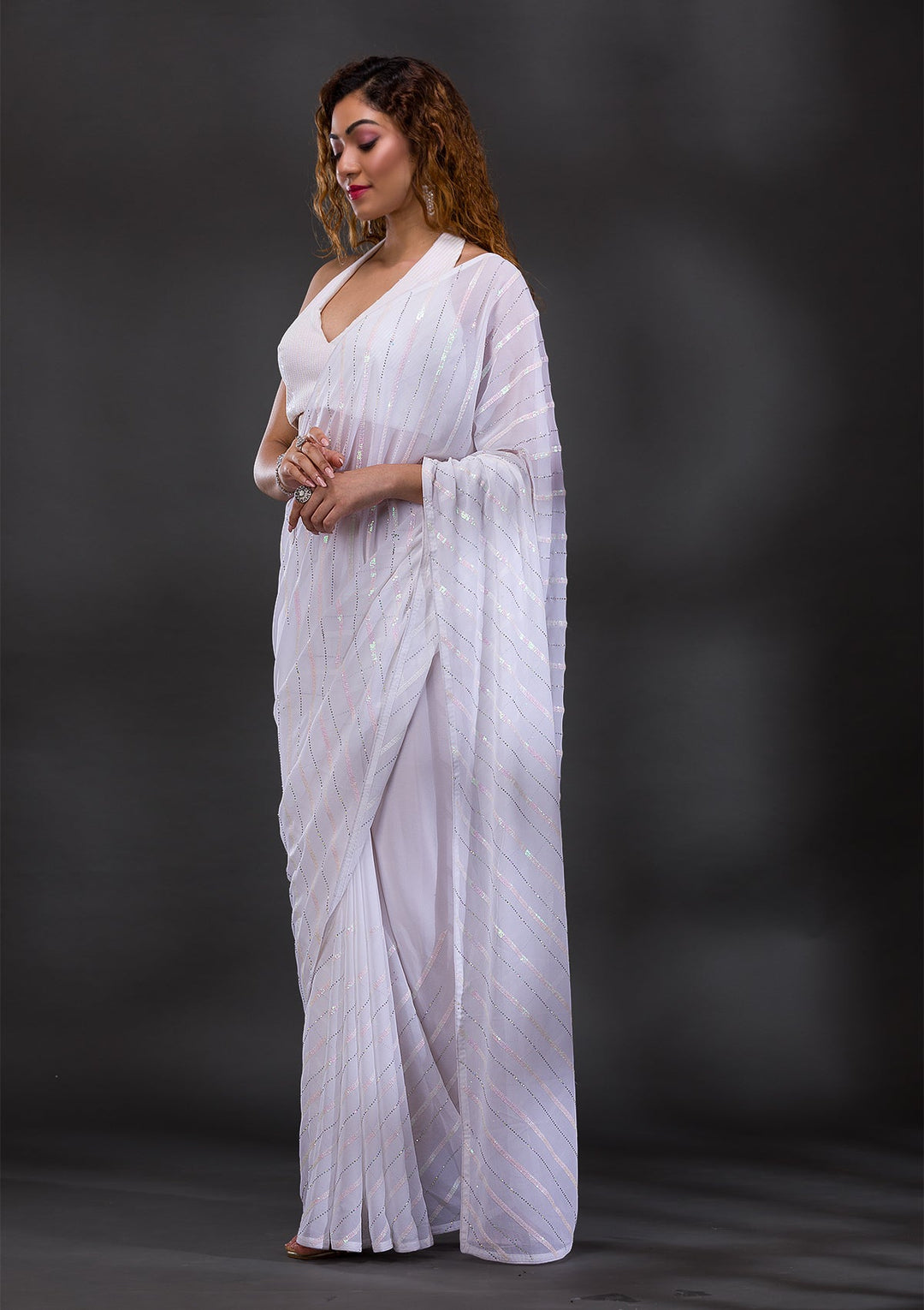 White Swarovski Georgette Saree-Koskii