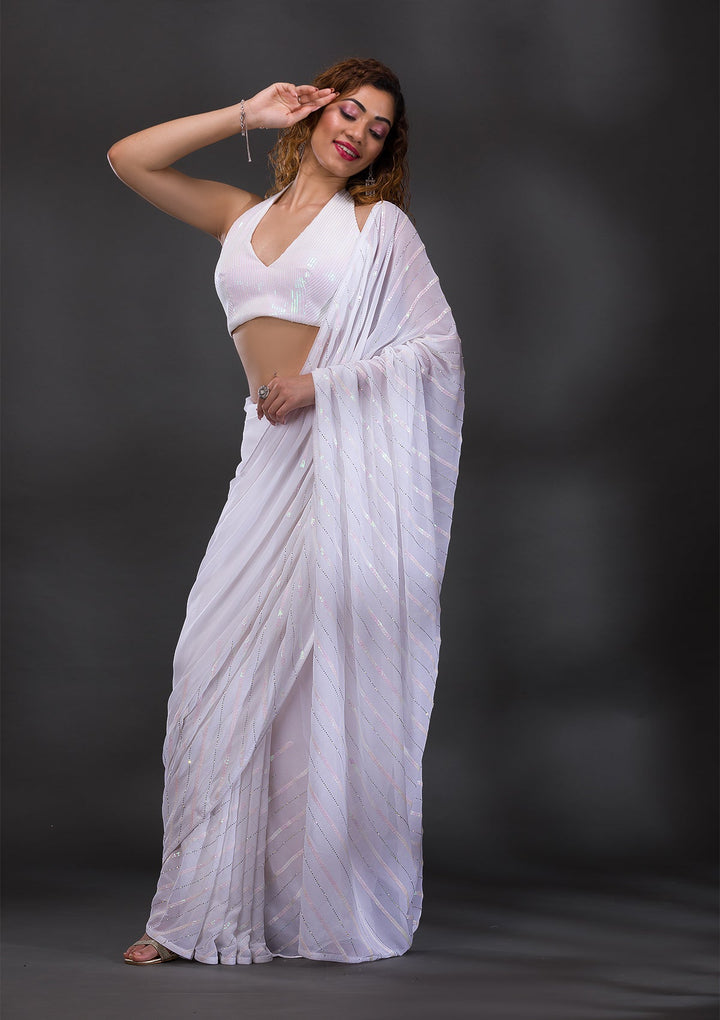 White Swarovski Georgette Saree-Koskii