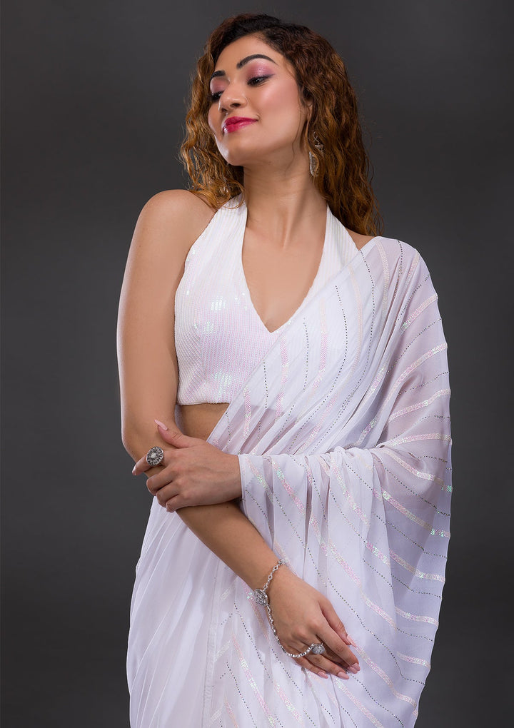 White Swarovski Georgette Saree-Koskii