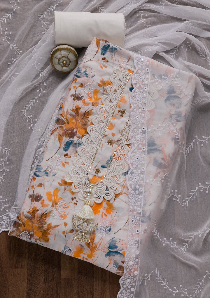 White Threadwork Cotton Unstitched Salwar Suit-Koskii