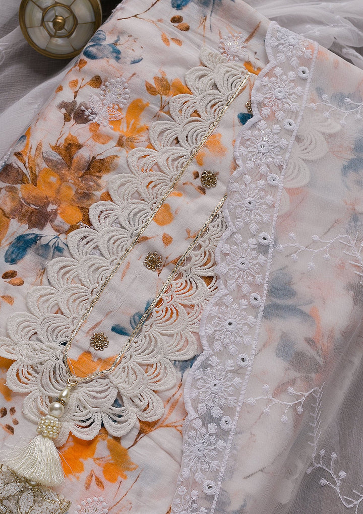 White Threadwork Cotton Unstitched Salwar Suit-Koskii