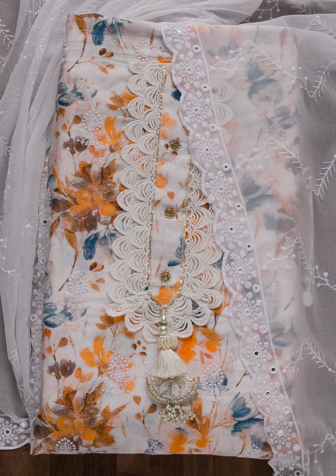 White Threadwork Cotton Unstitched Salwar Suit-Koskii