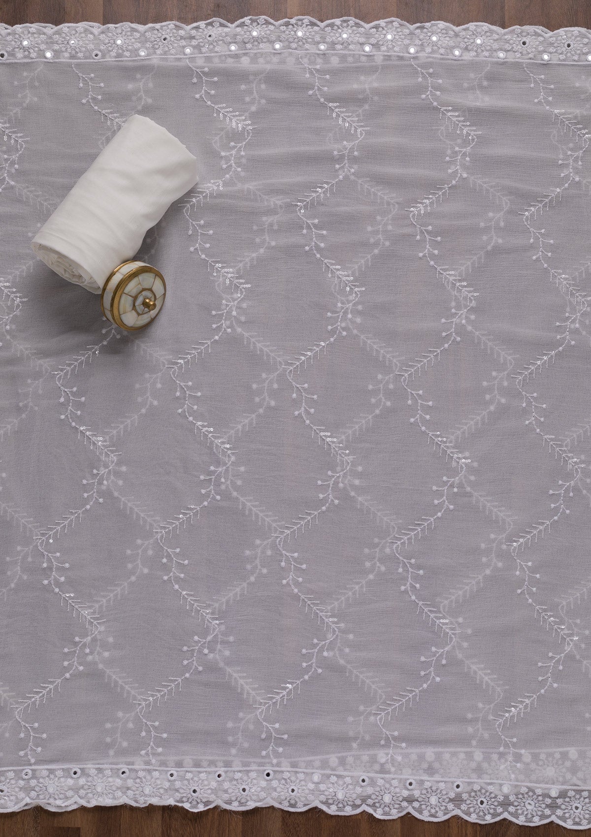 White Threadwork Cotton Unstitched Salwar Suit-Koskii