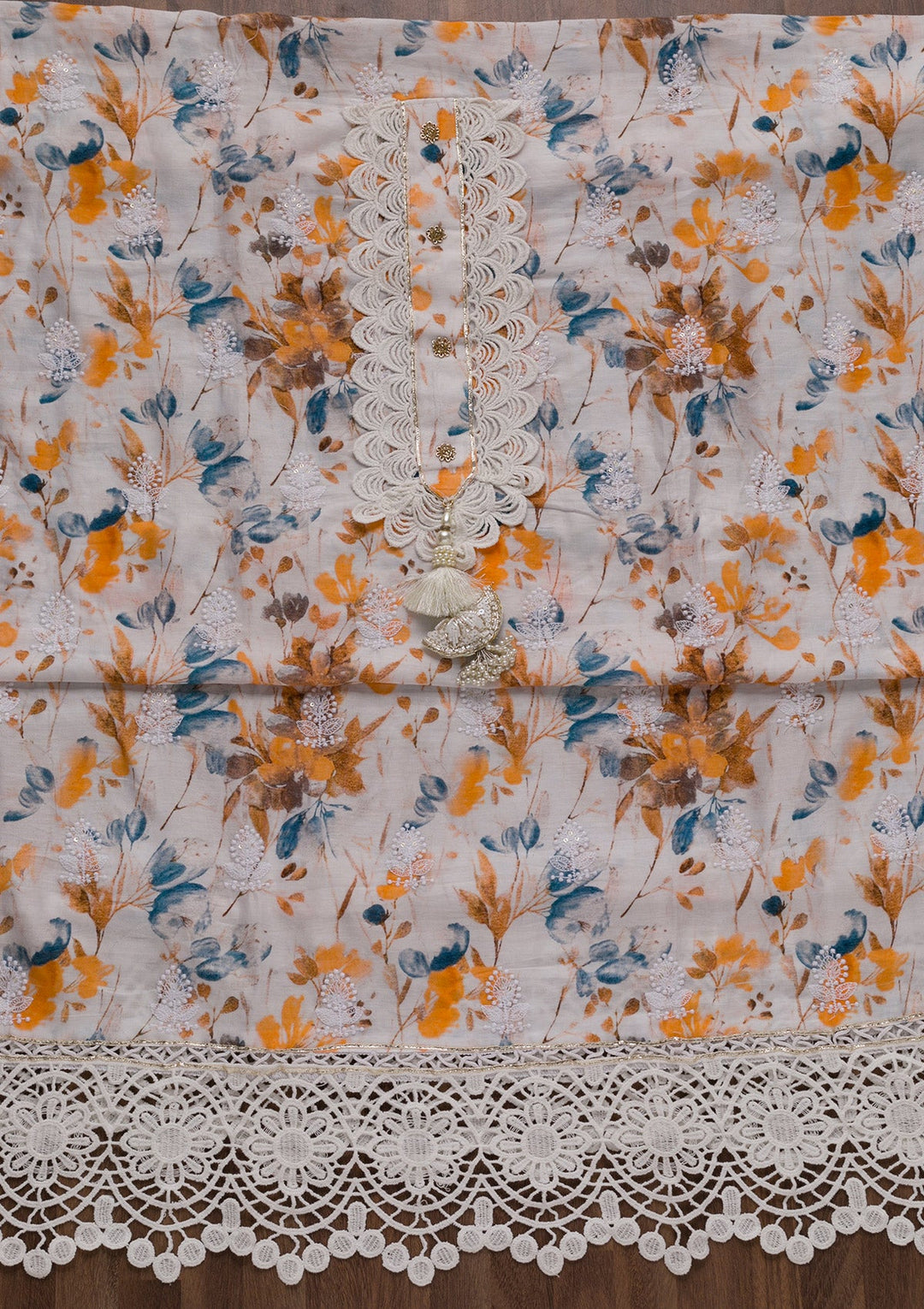 White Threadwork Cotton Unstitched Salwar Suit-Koskii