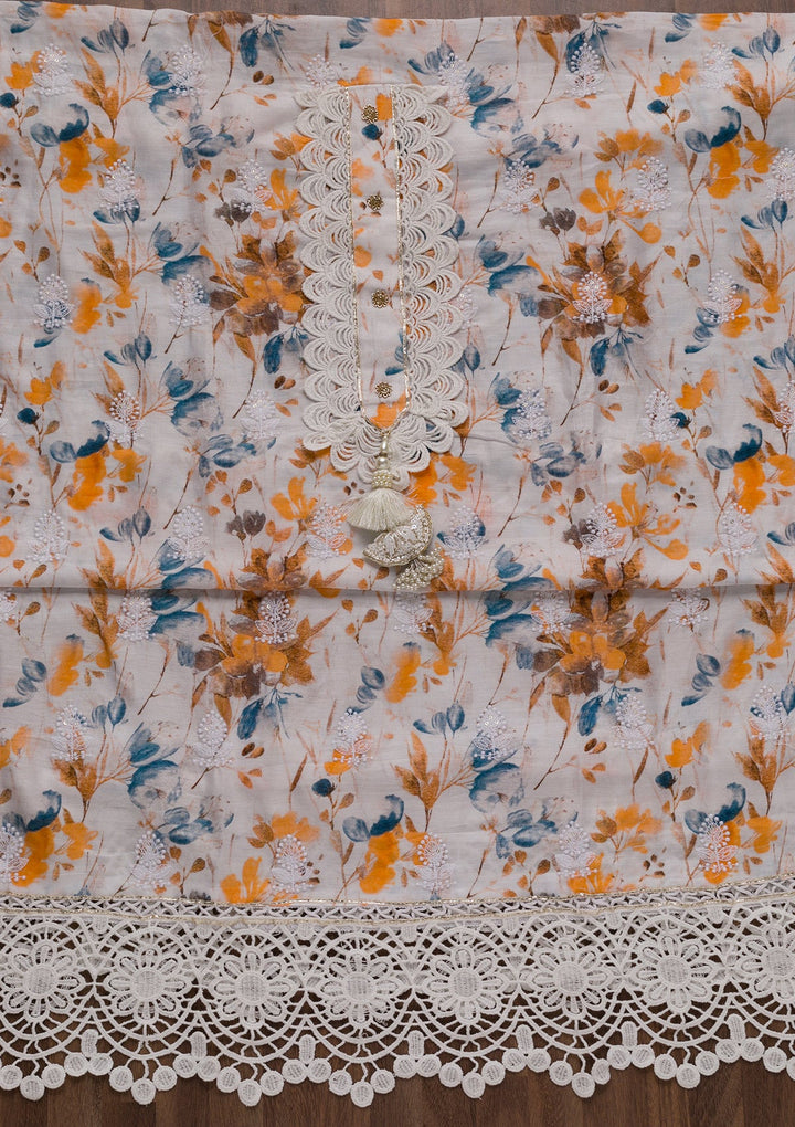 White Threadwork Cotton Unstitched Salwar Suit-Koskii