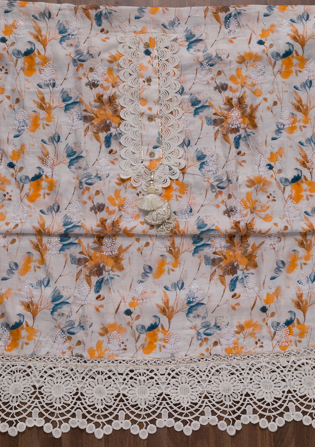 White Threadwork Cotton Unstitched Salwar Suit-Koskii