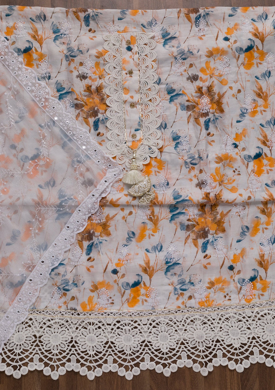 White Threadwork Cotton Unstitched Salwar Suit-Koskii