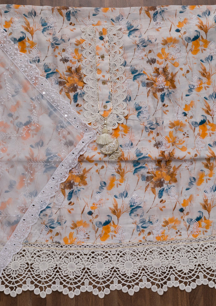 White Threadwork Cotton Unstitched Salwar Suit-Koskii