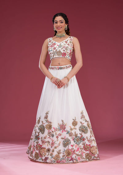 White Threadwork Georgette Readymade Lehenga-Koskii