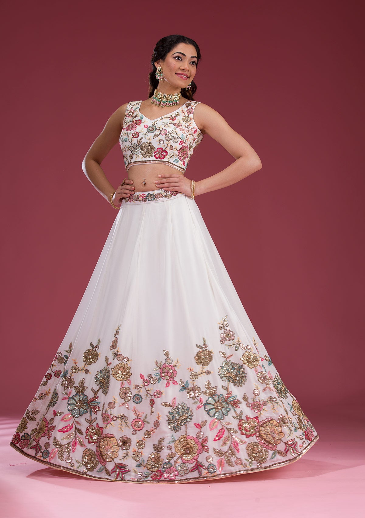 White Threadwork Georgette Readymade Lehenga-Koskii